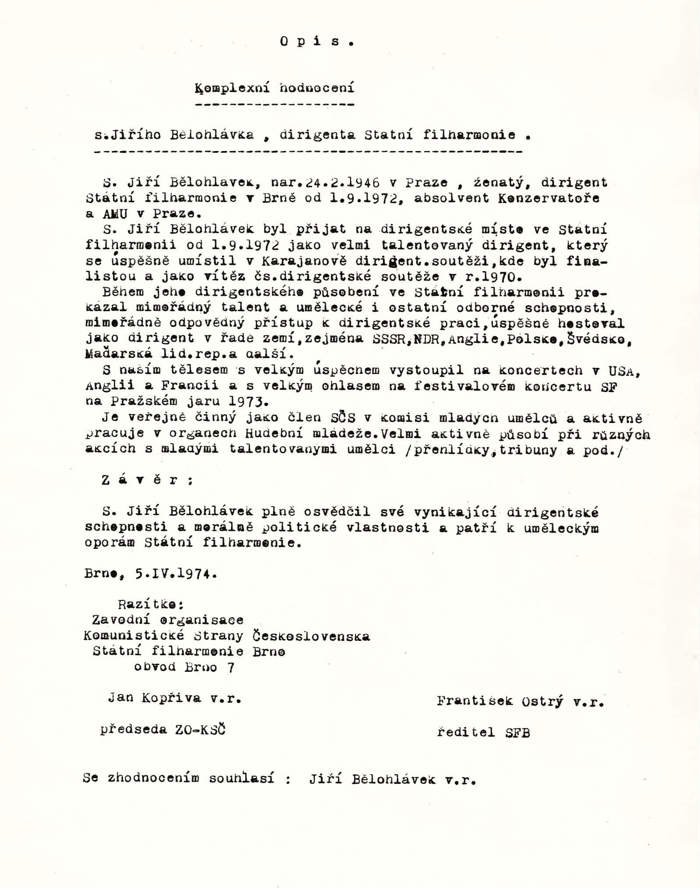 An evaluation of Jiří Bělohlávek by his employer, the Sate Philharmonics Brno