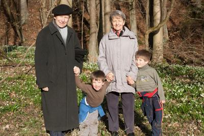 With his wife Anna and grandchildren in the Vysočina region, Chlébský potok nature reserve (March 2017)