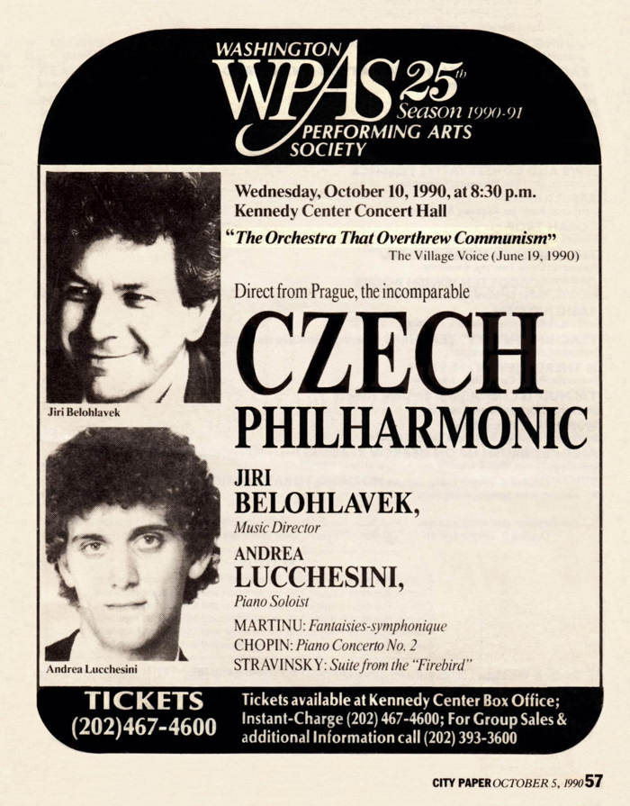 A poster for the Czech Philharmonic concert at the Kennedy Center in Washington, D.C.