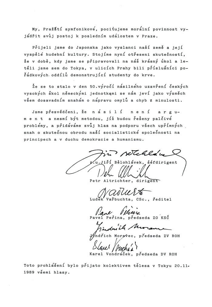 A joint proclamation of the members of the Prague Symphonic Orchestra regarding the events on Národní třída