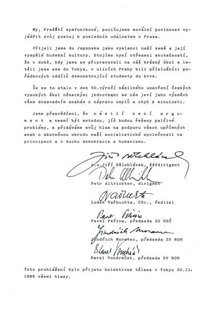 A joint proclamation of the members of the Prague Symphonic Orchestra regarding the events on Národní třída