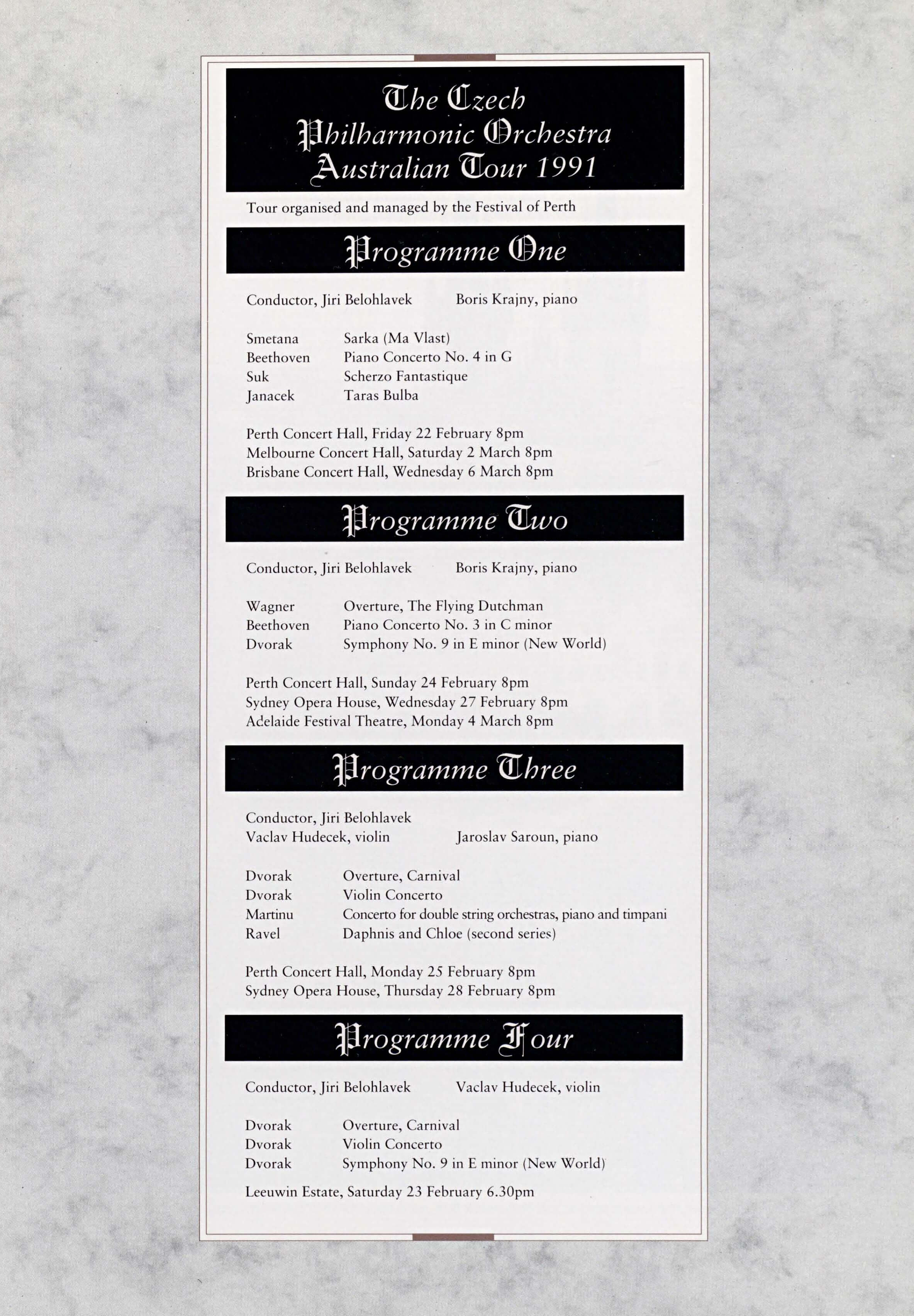 Programme of the Australian Tour