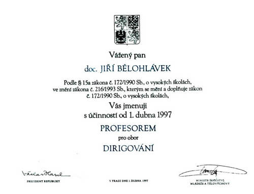 Jiří Bělohlávek, jmenování profesorem AMU roku 1997