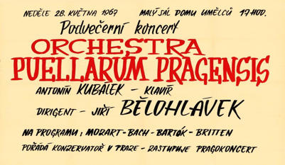 Ručně psaný plákat zvoucí na koncert Orchestra Puellarum Pragensis