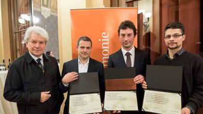 Jiří Bělohlávek and awarded participants of the competition for young composers. From right Slavomír Hořínka (prize of the chairman of the jury), Jan Ryant Dřízal (winner) and David Lukáš (prize of the chief conductor)